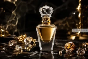 بطری عطر لوکس با تزئینات طلا و سنگ‌های قیمتی