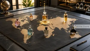 یک تصویر فوتورئالیستی و حرفهای از نقشه جهان روی یک میز مدرن، با چند شیشه عطر لوکس در نقاط مختلف نقشه و تأکید بصری بر فرانسه بهعنوان یکی از مهمترین مراکز صنعت عطر جهان؛ فضای تجاری و لوکس، نورپردازی سینمایی و طبیعی، جزئیات بسیار بالا، شیشههای عطر بدون لوگو و نوشته، ترکیببندی افقی مناسب برای مقاله، بدون نمایش متن یا پرچمهای دارای نوشته.