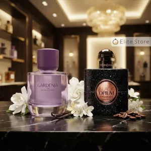 مقایسه مفهومی یک عطر با رایحه الهام‌گرفته از نمونه‌ای لوکس در فضایی مدرن و شیک.