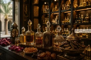 عطرهای عربی معروف در ویترین یک فروشگاه لوکس با دکوراسیون شرقی